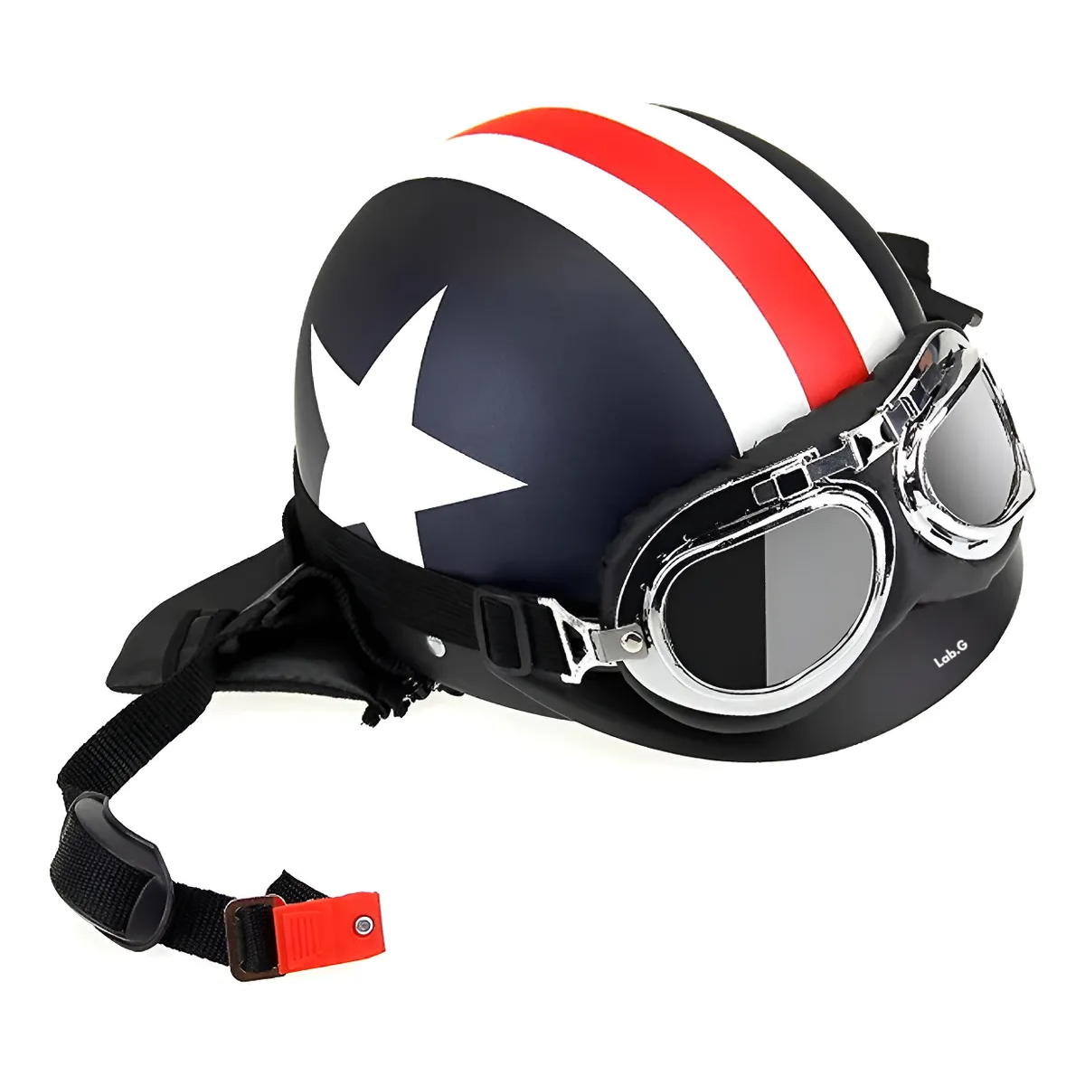 Foto 1 | Casco De Motocicleta Medio Abierto Con Gafas De Visera  Linea Blanco/rojo Estrella Blanco Lab.g Negro