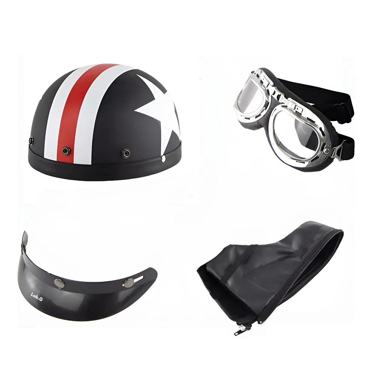 Foto 3 pulgar | Casco De Motocicleta Medio Abierto Con Gafas De Visera  Linea Blanco/rojo Estrella Blanco Lab.g Negro