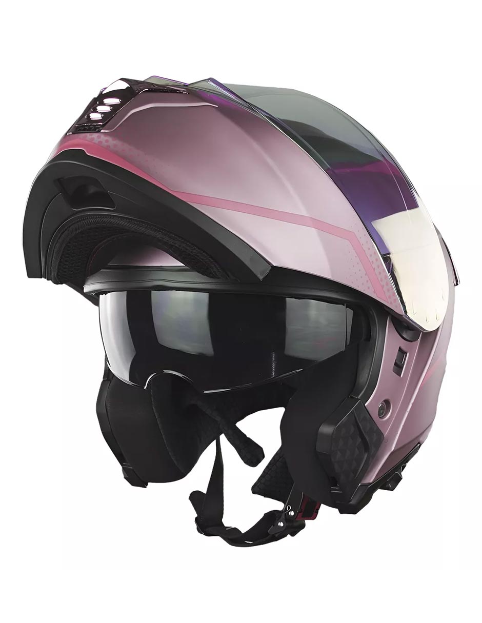 Foto 3 pulgar | Casco Kov Abatible Mujer Moto Thunder Rosa Mica Para Noche