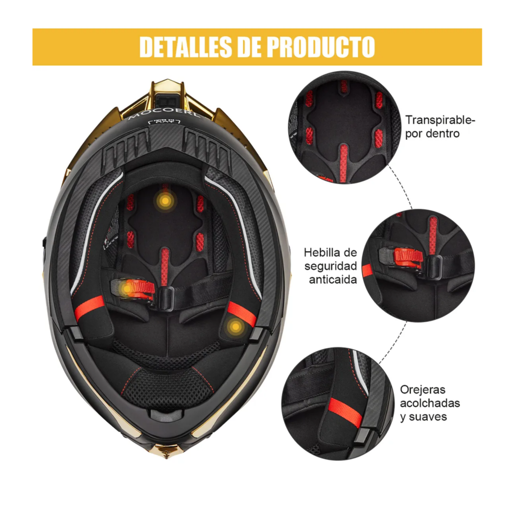 Foto 3 pulgar | Casco Sleek De Moto Abatible En Oro Mate Con Luz  Belug Negro Amarillo Talla L