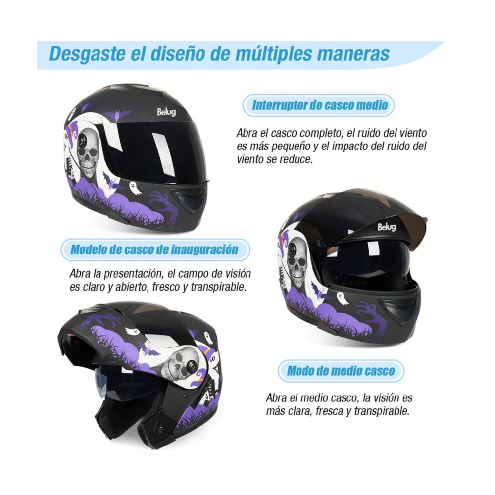 Foto 4 | Casco Belug Para Moto Abatible Certificado M (57-58 Cm) Violeta Negro Halloween