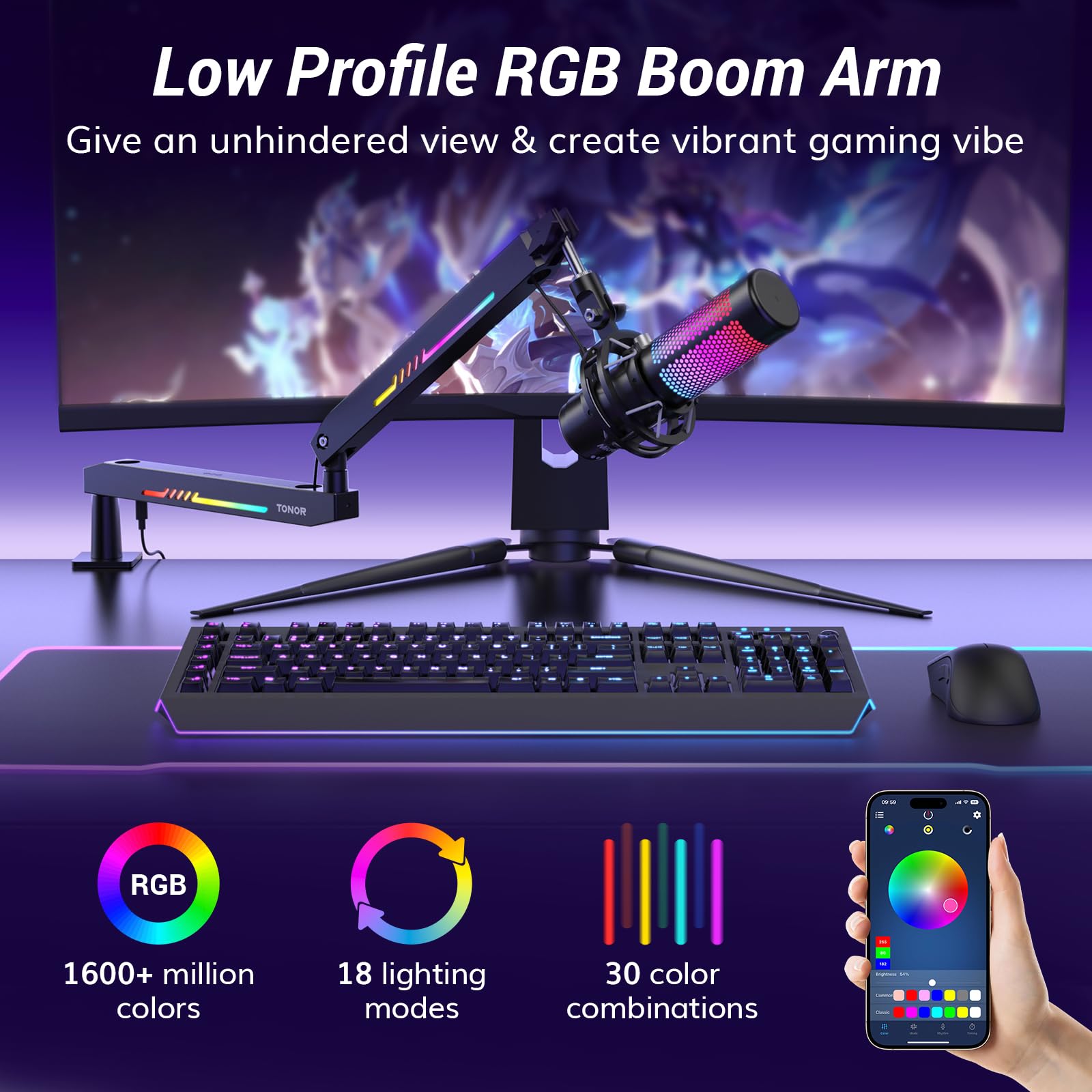 Foto 3 pulgar | Mic Boom Arm Tonor Rgb De Perfil Bajo Con Gestión De Cables - Venta Internacional.