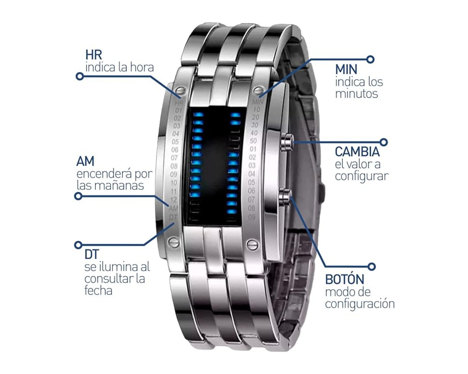 Foto 4 | Reloj Led Bluelander Binario color Plata de Acero Inoxidable Impermeable 30 Metros para Hombre