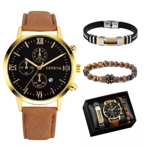 Foto 2 pulgar | Juego De Reloj De Cuarzo Para Hombre + Pulsera + Caja De Regalo Elegante