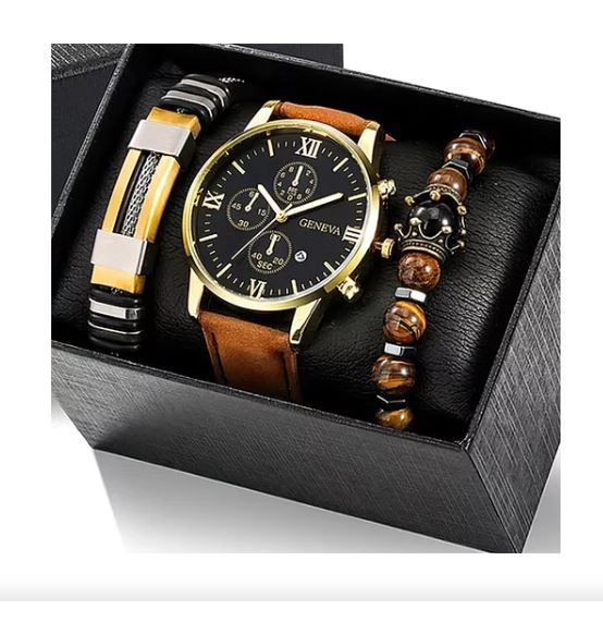 Foto 3 pulgar | Juego De Reloj De Cuarzo Para Hombre + Pulsera + Caja De Regalo Elegante