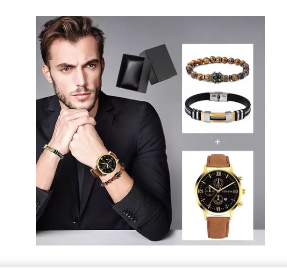 Foto 4 pulgar | Juego De Reloj De Cuarzo Para Hombre + Pulsera + Caja De Regalo Elegante