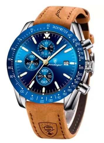 Reloj Analógo Casual Con Cronográfo Fechador  Color De La Correa Marrón Con Caja Azul