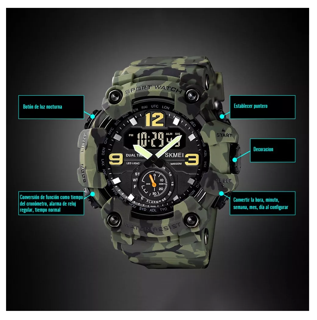 Foto 3 pulgar | Reloj de Pulsera Skmei Analógico Camuflajeado Verde