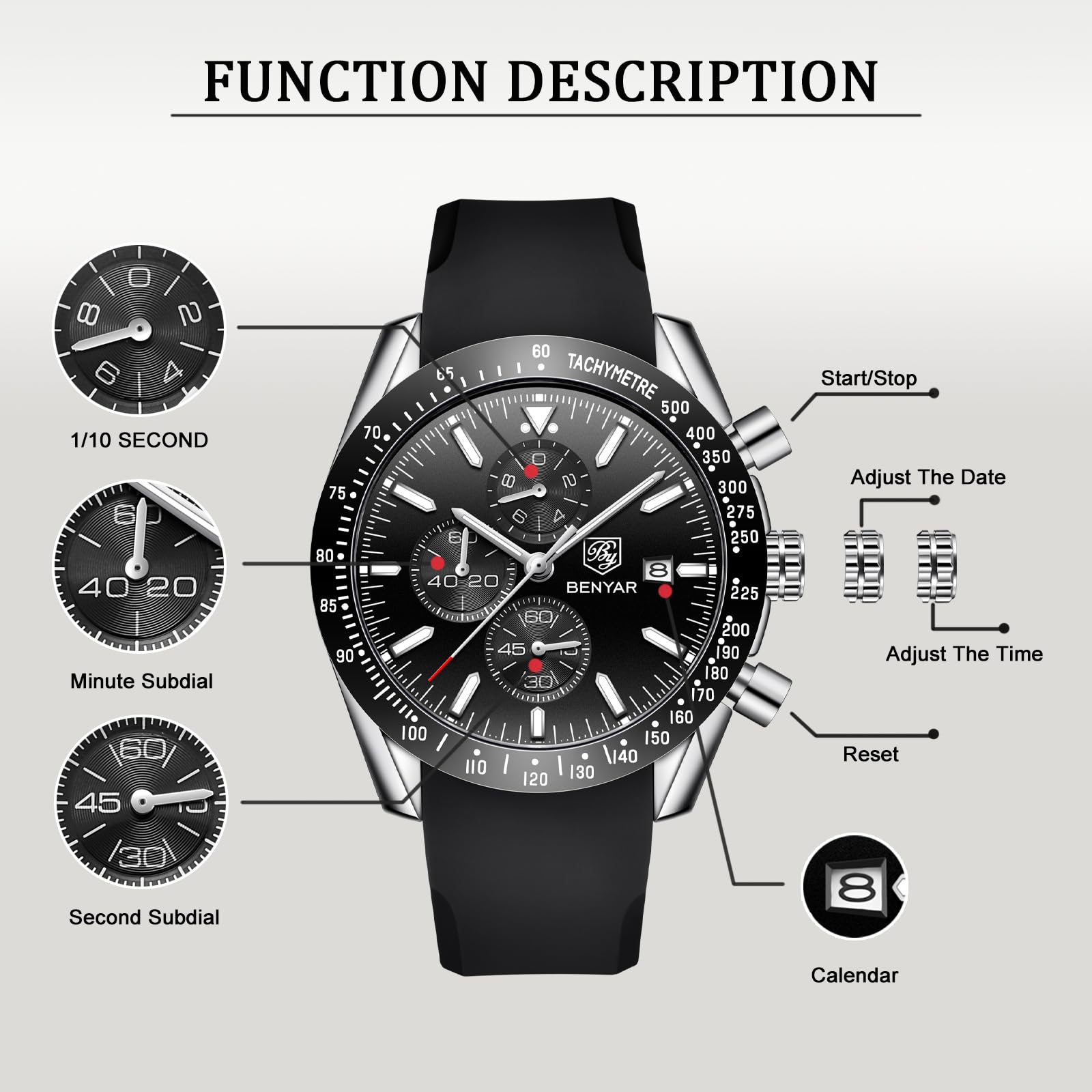 Foto 4 pulgar | Reloj Benyar Negro Cronógrafo de Cuarzo Clásico - Venta Internacional