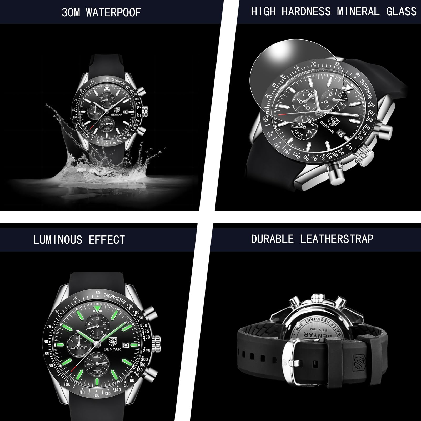 Foto 6 pulgar | Reloj Benyar Negro Cronógrafo de Cuarzo Clásico - Venta Internacional