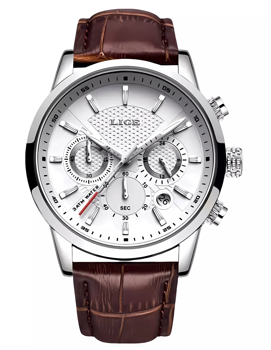 Reloj Clasico Marca Lige Para Hombre Crono Blanco Cafe