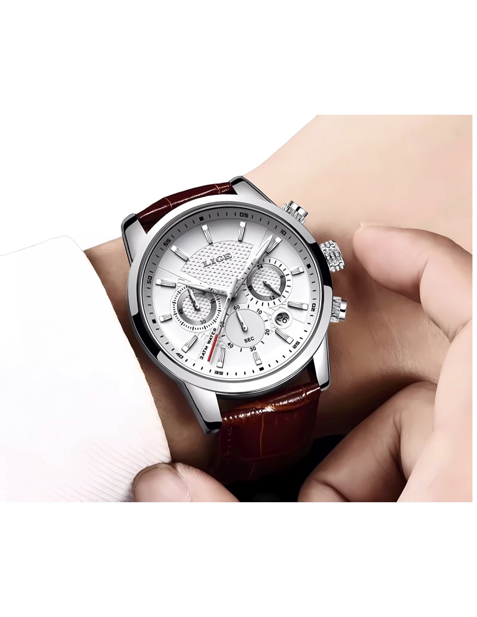 Foto 6 pulgar | Reloj Clasico Marca Lige Para Hombre Crono Blanco Cafe