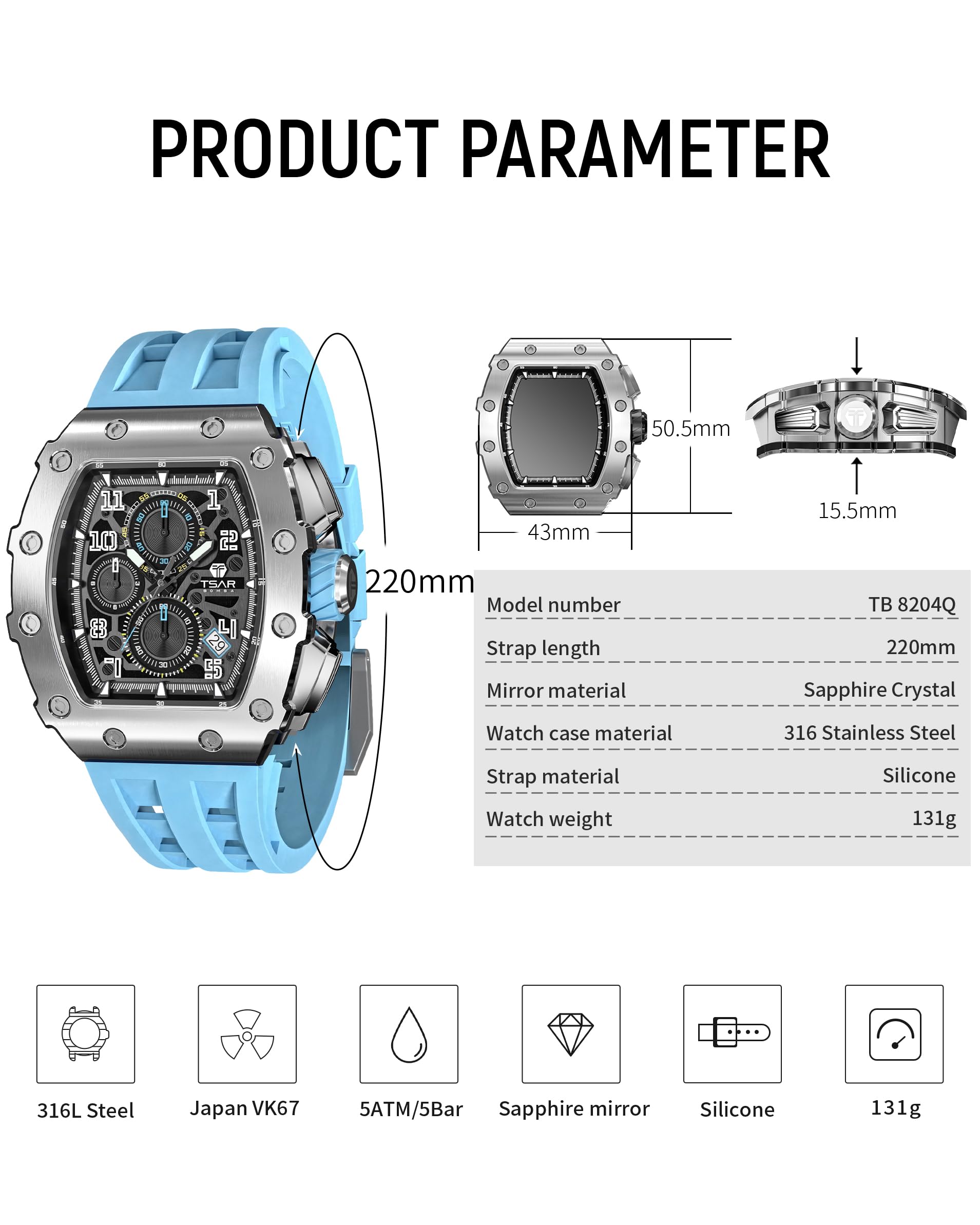 Foto 7 pulgar | Reloj Tsar Bomba Tonneau Analógico para Hombre- Venta Internacional