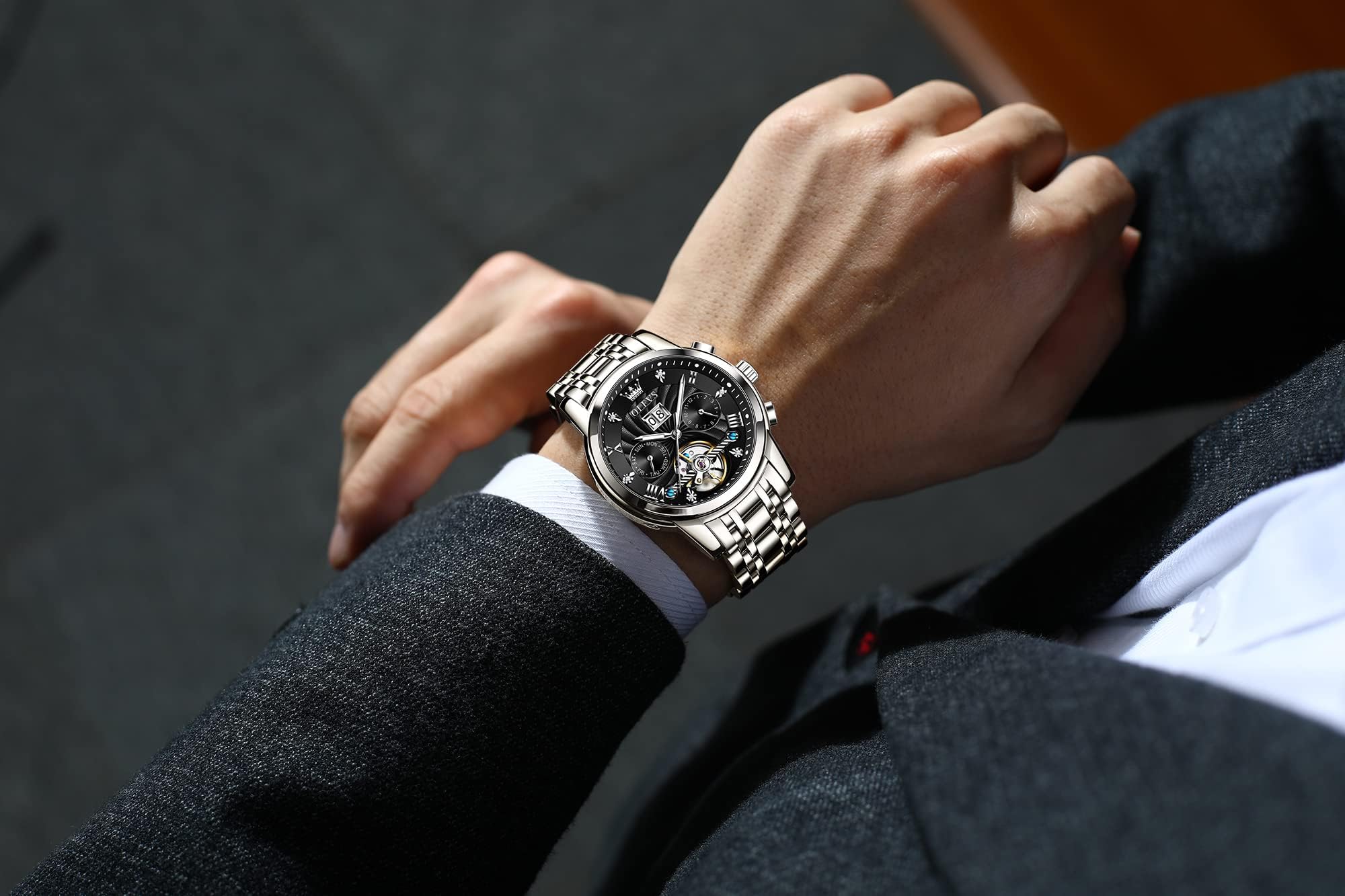 Foto 4 pulgar | Reloj OLEVS Tourbillon Mecánico de Acero Inoxidable Negro para Hombre - Venta Internacional