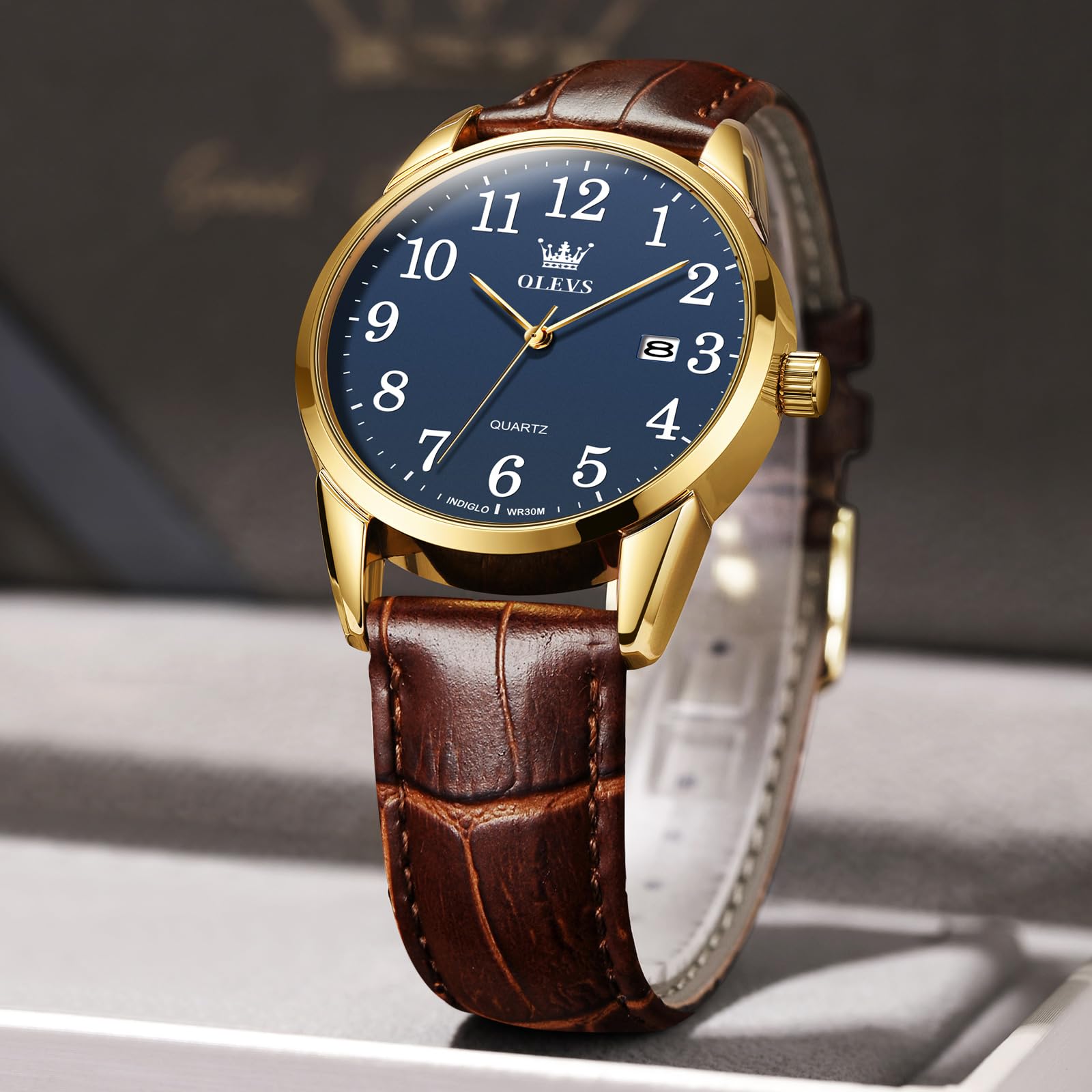 Foto 7 pulgar | Reloj OLEVS Analógico de Cuero Marrón para Hombre - Venta Internacional