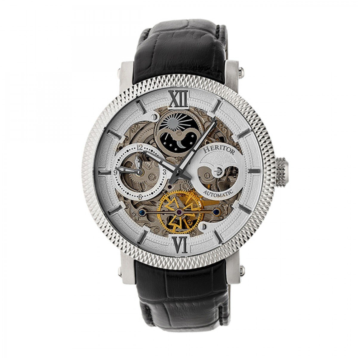 Reloj Heritor Aries Skeleton Automático Para Hombre Cuero Negro