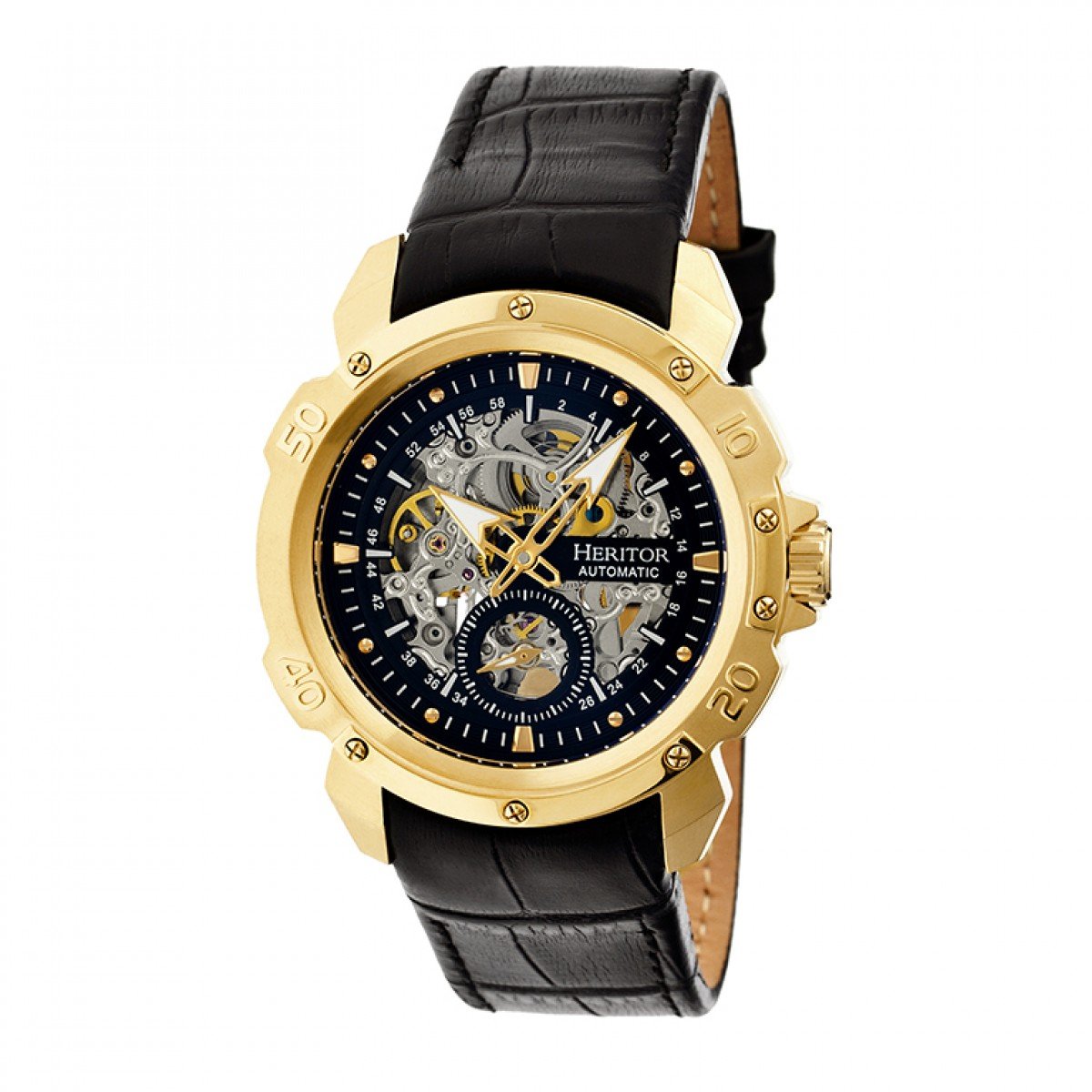 Reloj Heritor Automático Conrad Correa De Cuero Esqueleto Dorado