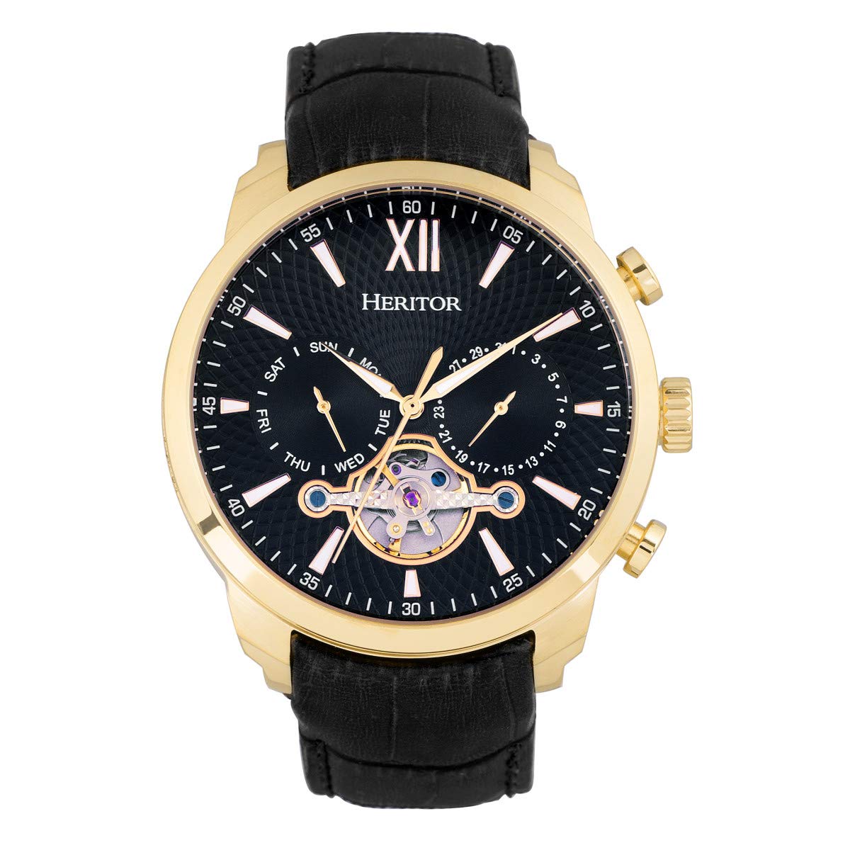 Foto 1 | Reloj Heritor Arthur Automático Oro Negro Cuero Hombre 45mm