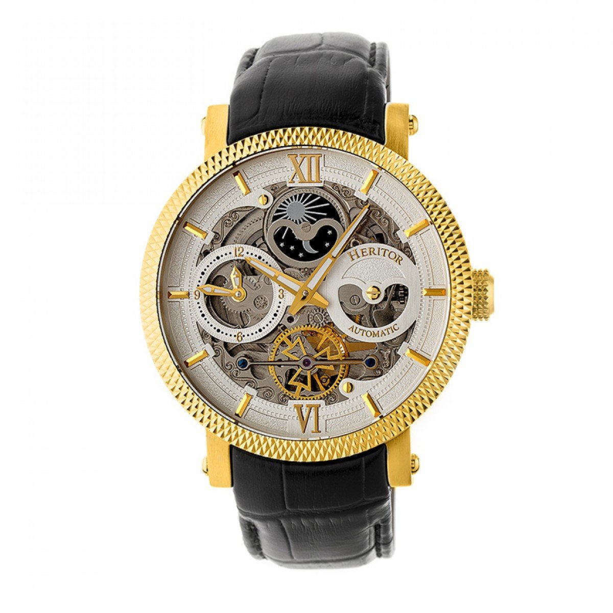 Reloj Heritor Aries Skeleton Automático Para Hombre Cuero Negro