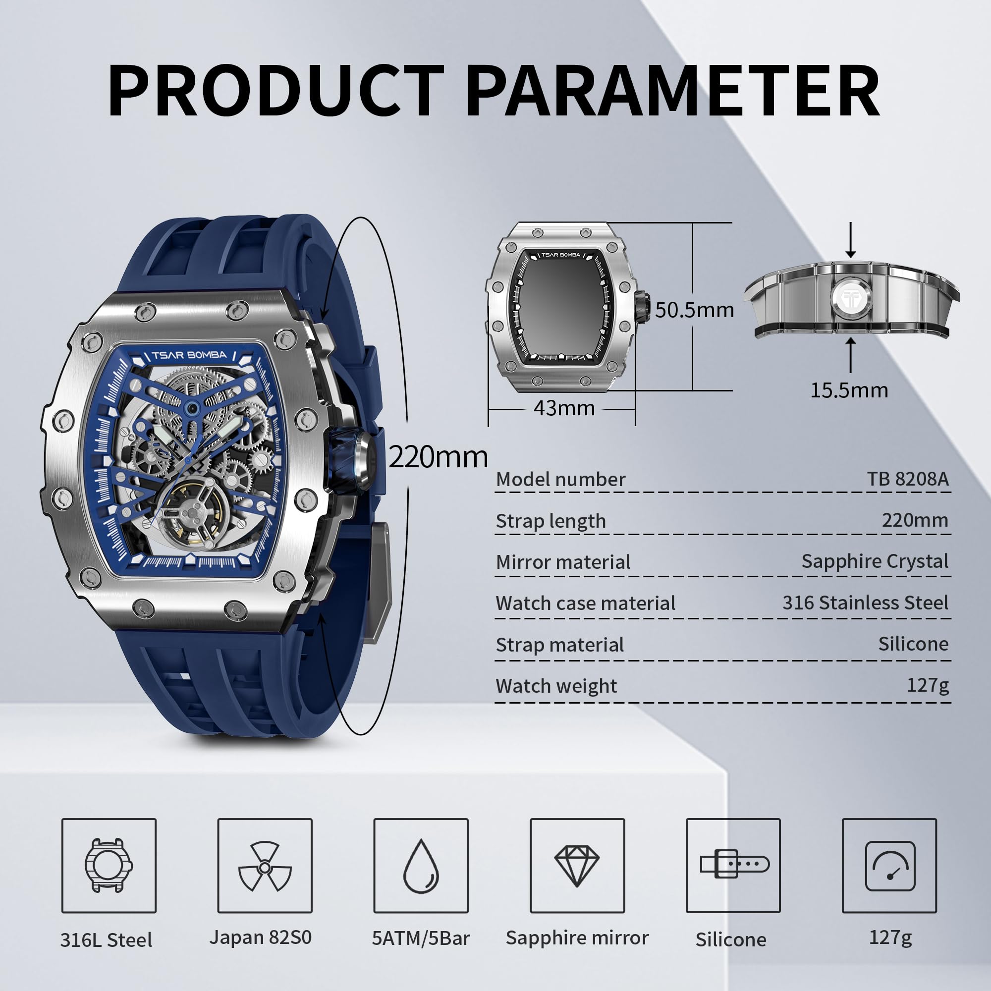 Foto 5 | Reloj Tsar Bomba para Hombre Luxury Automatic Azul - Venta Internacional