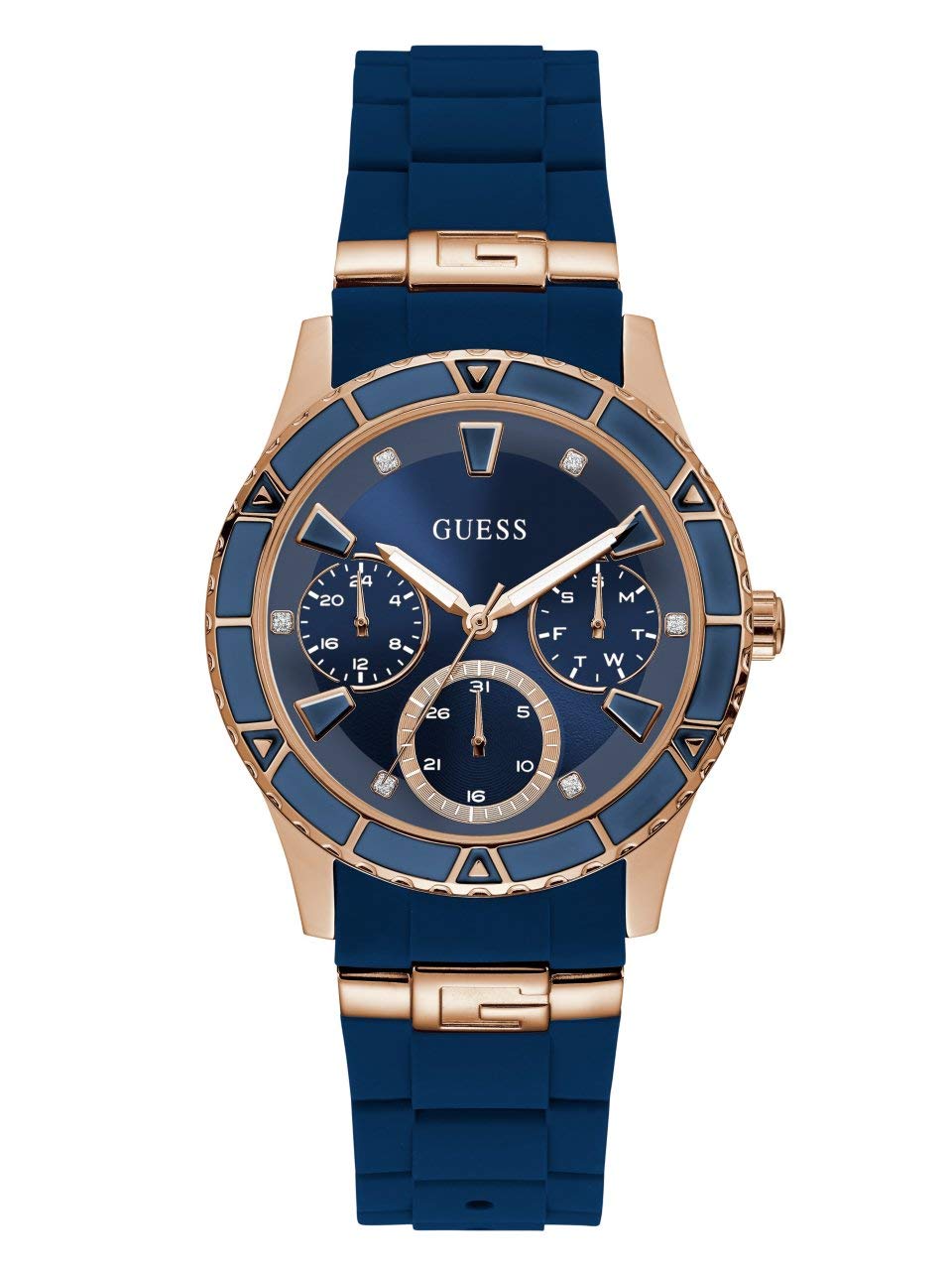 Reloj Guess Tono Oro Rosa y Silicona Azul Icónica para Mujer - Venta Internacional $3,022