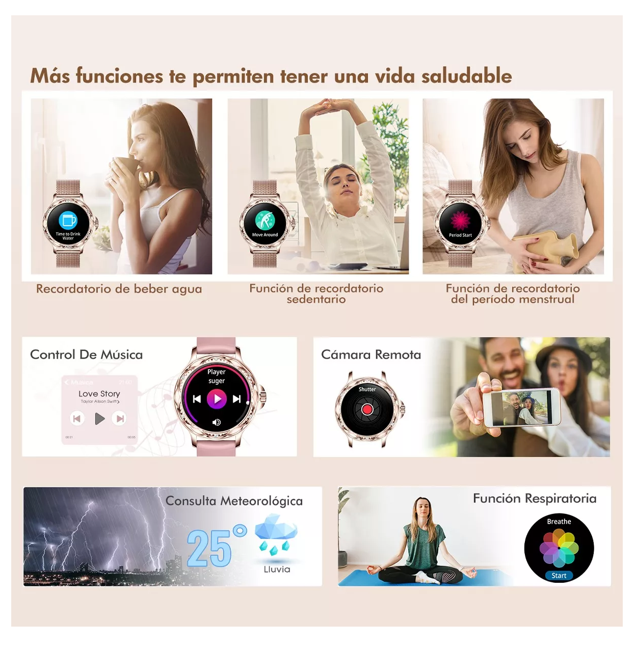 Foto 4 pulgar | Reloj Inteligente Diamond Elegante color Oro Rosa con Bluetooth 5.0 y más de 100 Modos de Ejercicio