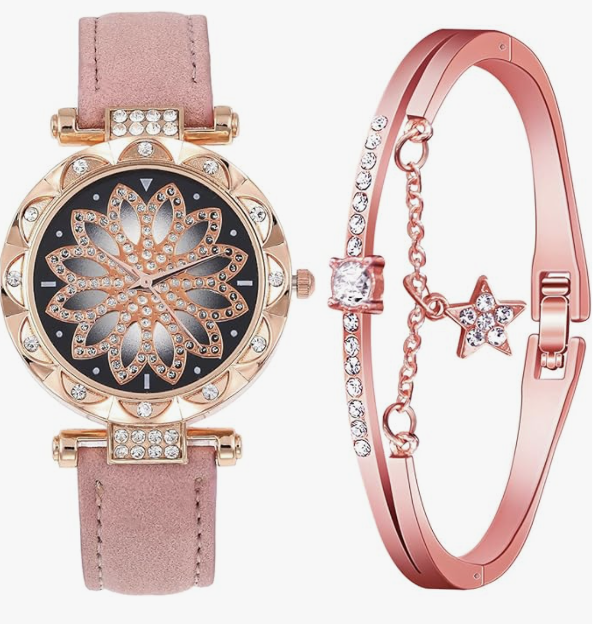 Reloj Pulsera Estrella con Patrón de Flores y Correa de Cuero en Caja Dorada para Mujer