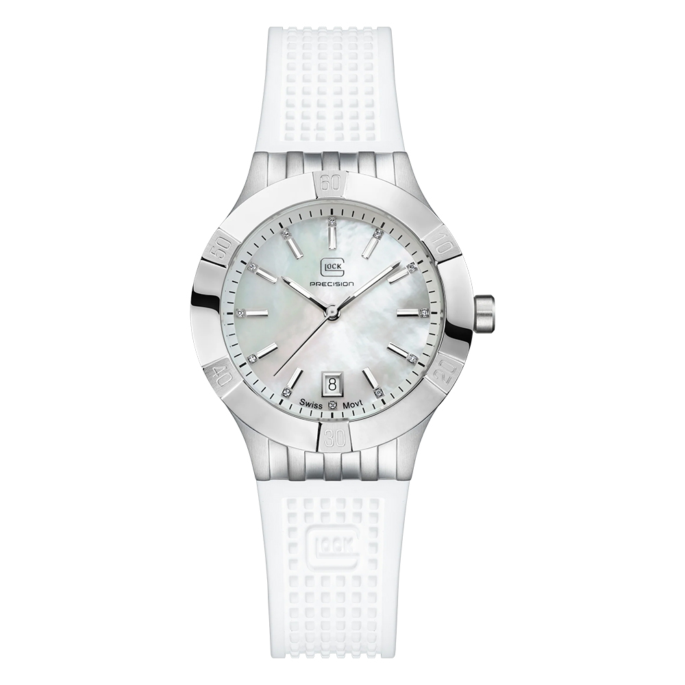 Reloj Glock Precision Para Mujer, Caja De Acero Plateado Y Correa Blanca - Venta Internacional.