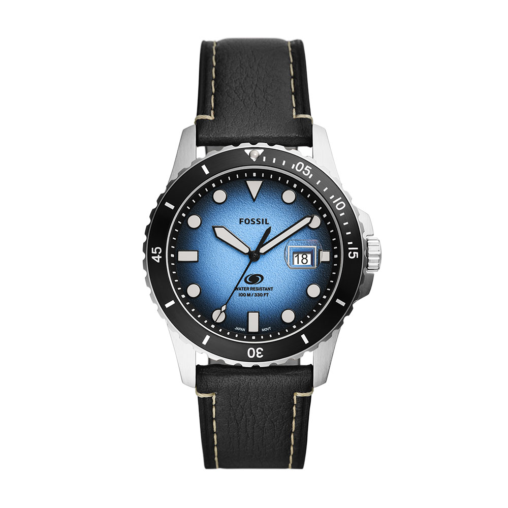 Reloj Fossil Blue Plata 42mm Esfera Azul Satinada Correa de Piel Negra Resistente al Agua 100m