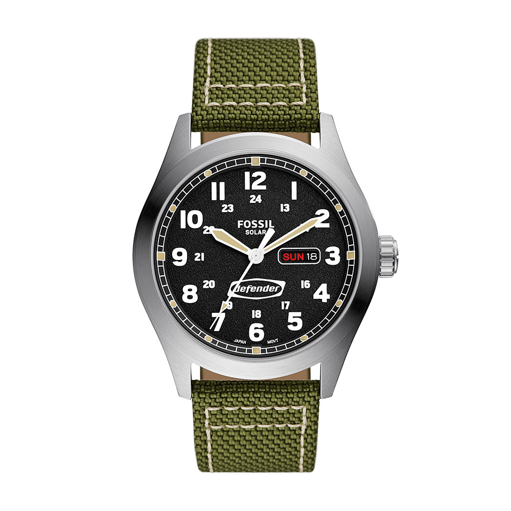 Reloj Fossil Defender Plata 46mm Esfera Negra Mate Correa de Nailon Verde Oliva Movimiento Solar