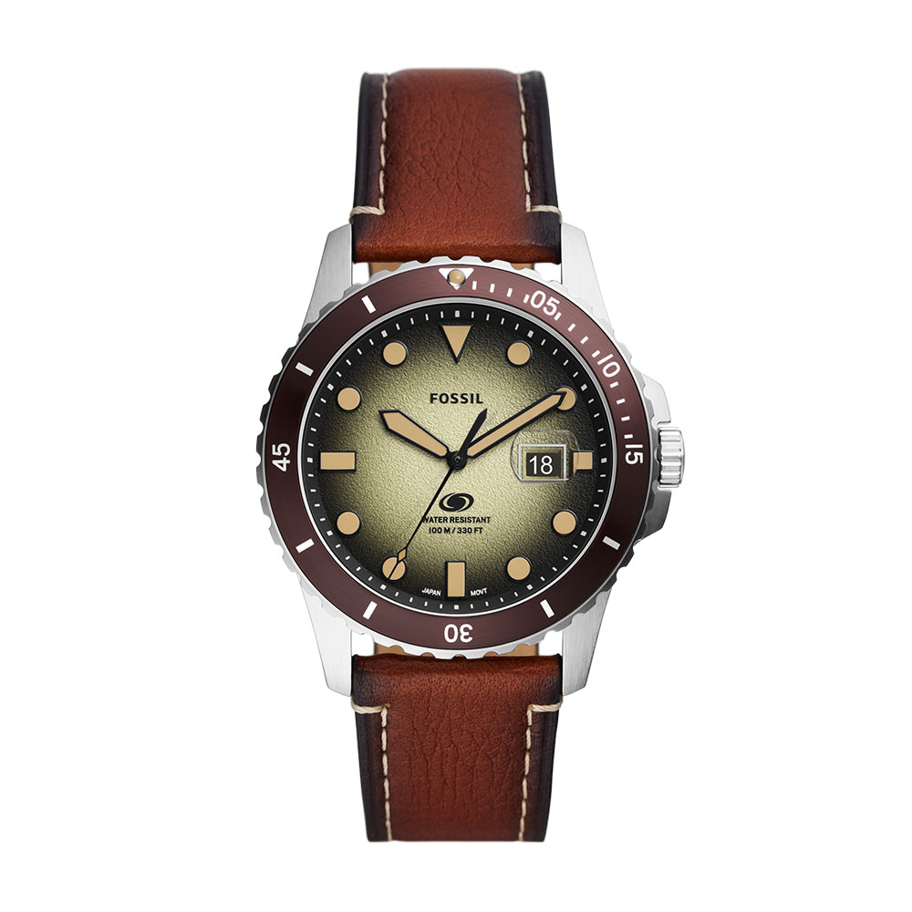 Reloj Fossil Blue Plata 42mm Esfera Verde Satinada Correa Marrón Pro-Planet Leather Resistente al Agua 100m para Hombre