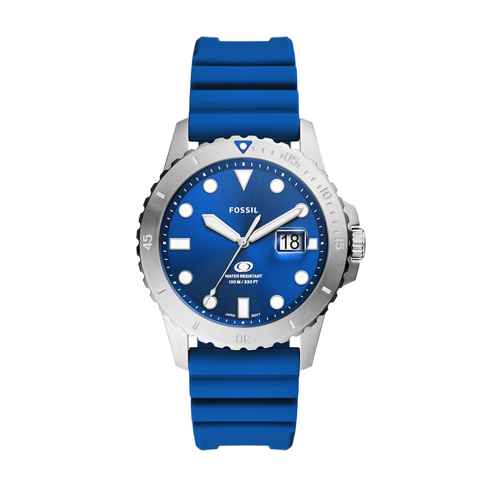 Reloj Fossil Blue Color Plata De 42mm Para Hombre Correa De Silicona Azul Esfera De Rayos De Sol Resistente Al Agua 100m