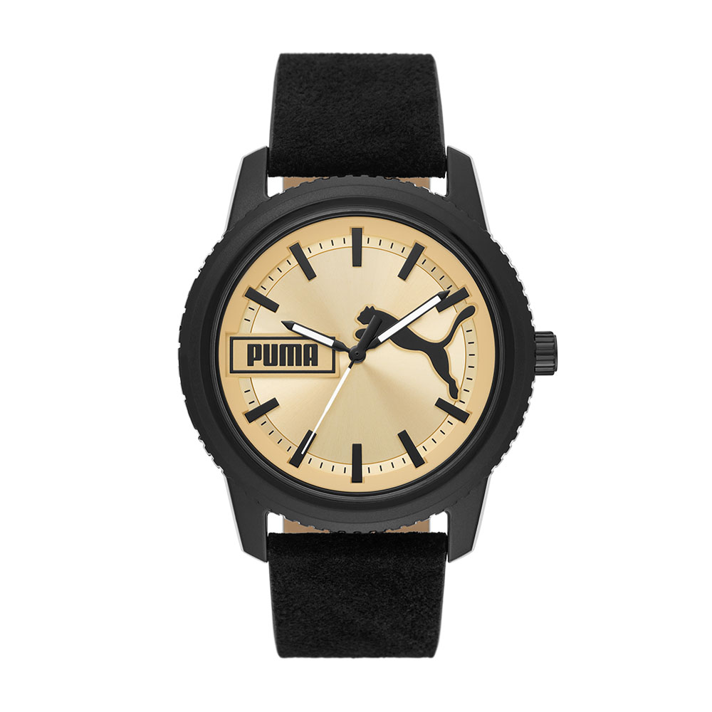 Foto 2 pulgar | Reloj Puma Ultrafresh Negro 48mm Esfera Dorada Correa de Cuero Resistente al Agua para Hombre