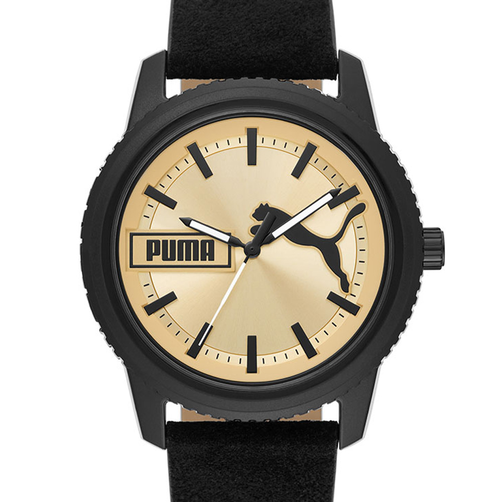 Foto 3 pulgar | Reloj Puma Ultrafresh Negro 48mm Esfera Dorada Correa de Cuero Resistente al Agua para Hombre