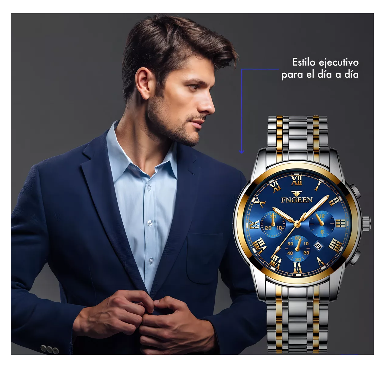 Foto 5 | Reloj Para Hombre Analógo Con Fechador Acero Cuarzo Color De La Correa Plata Y Oro