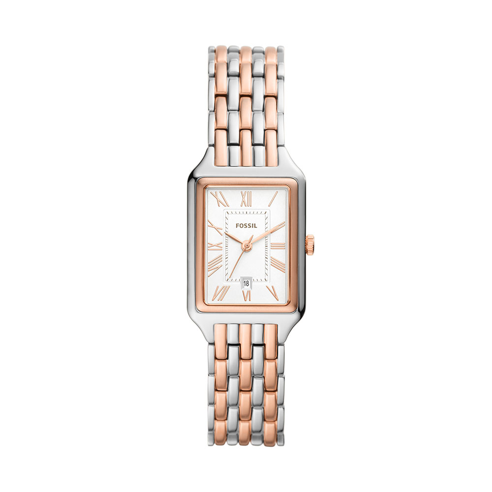 Reloj Fossil Raquel Color Plata  23 Mm Para Mujer Esfera Plateado Fecha Brazalete De Acero Inox Resistente Al Agua 50m