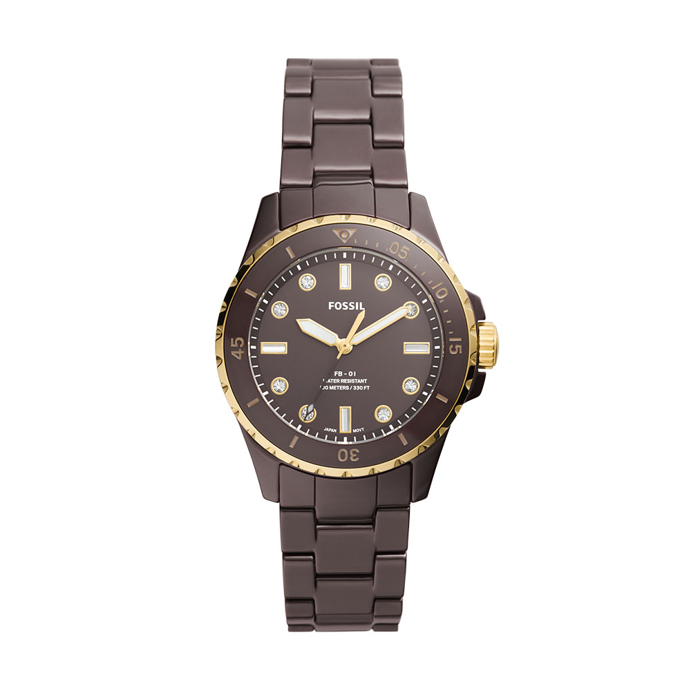 Reloj Fossil Fb-01 Color Negro de Dama 36mm Esfera Marrón Brillante, Brazalete De Cerámica, Resistente Al Agua