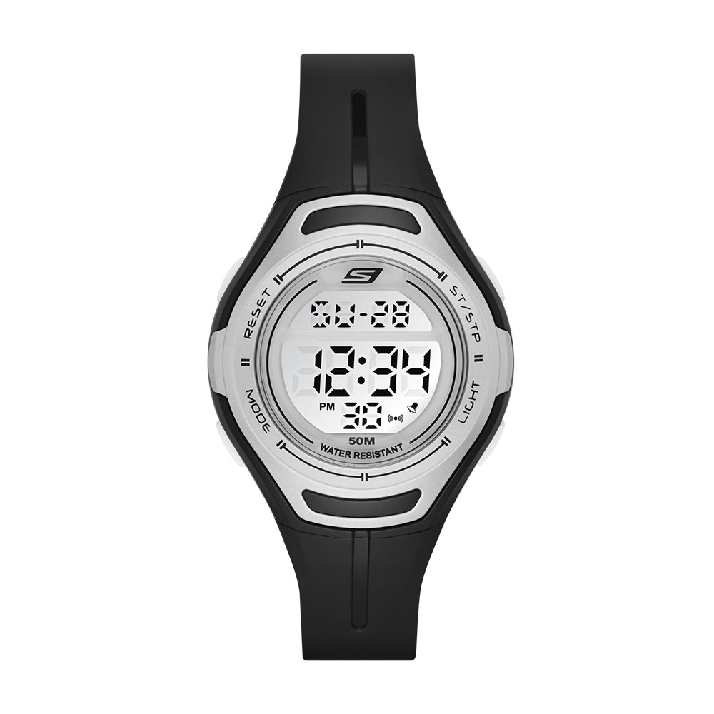 Reloj Digital Skechers Plateado para Mujer con Correa de Silicón Negra Carátula Gris Claro $499