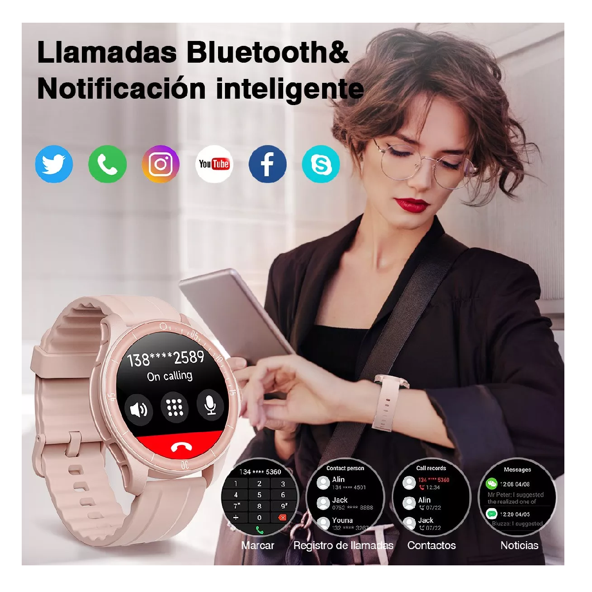 Foto 3 | Smartwatch con Bluetooth y Llamadas Alexa Rosa