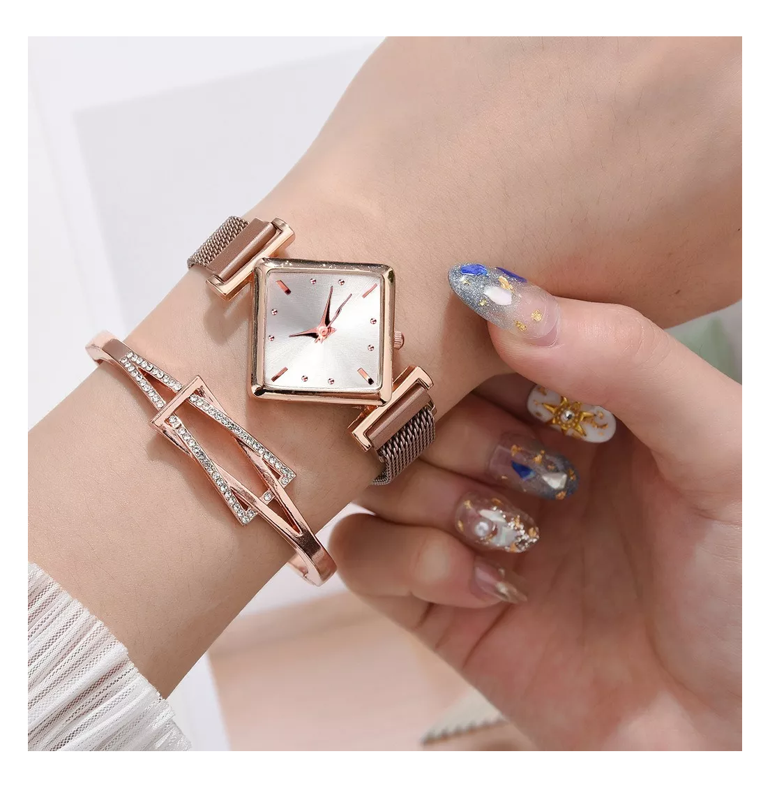 Foto 6 pulgar | Pulsera De Reloj Con Rombos Superficie Blanca De Oro Rosa