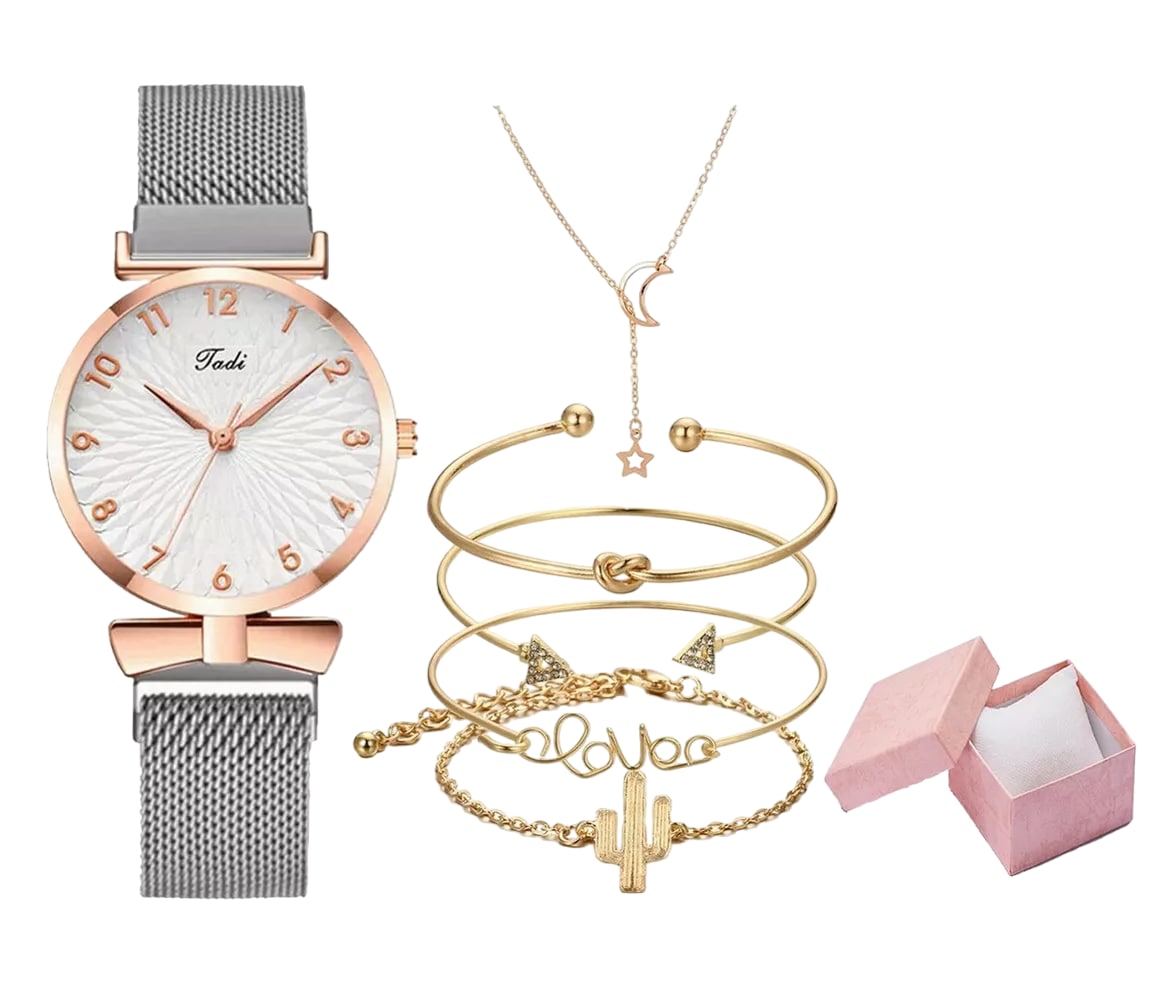 Reloj De Cuarzo Plata Para Mujer Con Juego De Collar Y Pulseras Dorado