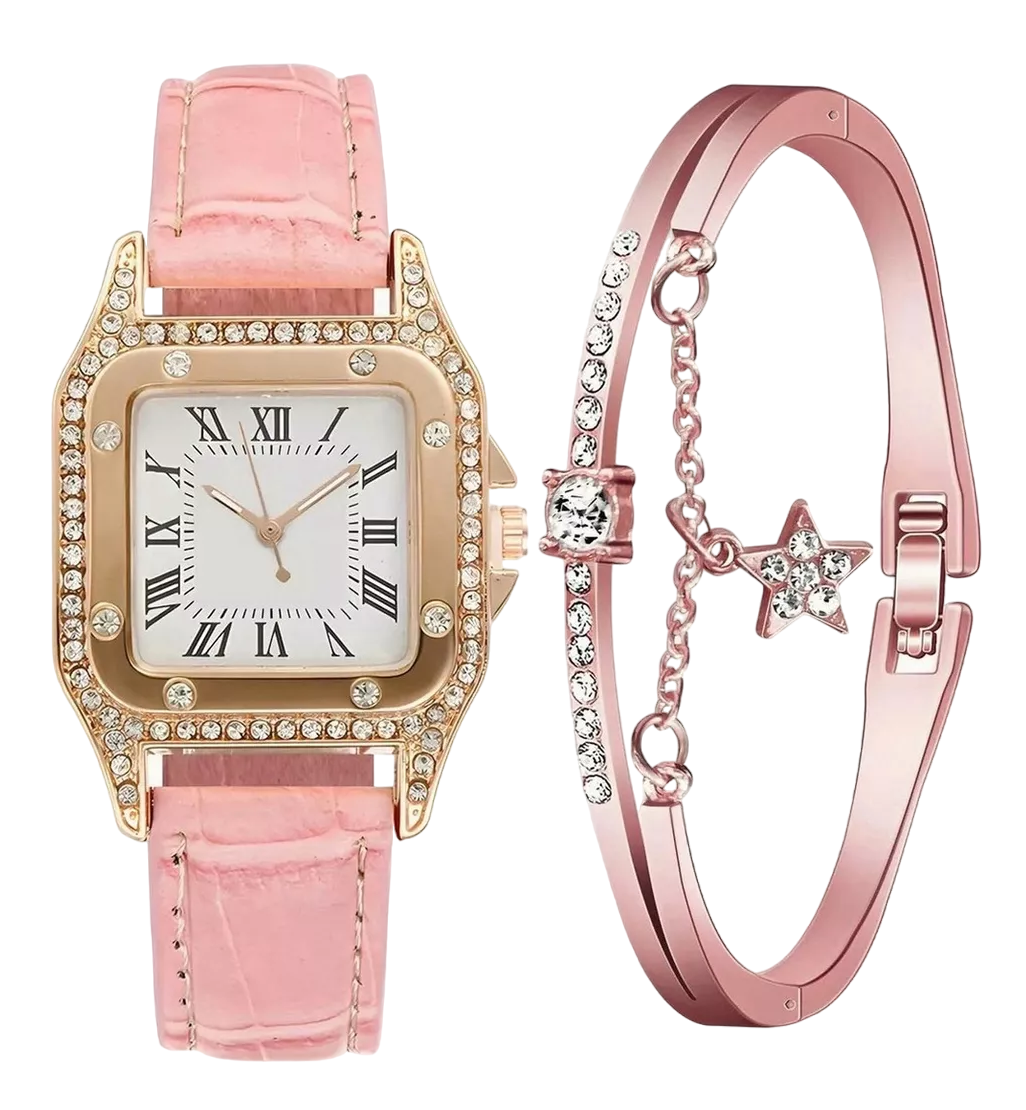 Foto 2 pulgar | Reloj Cuadrado De Cuarzo Para Mujer Con Pulsera De Estrellas Rosa