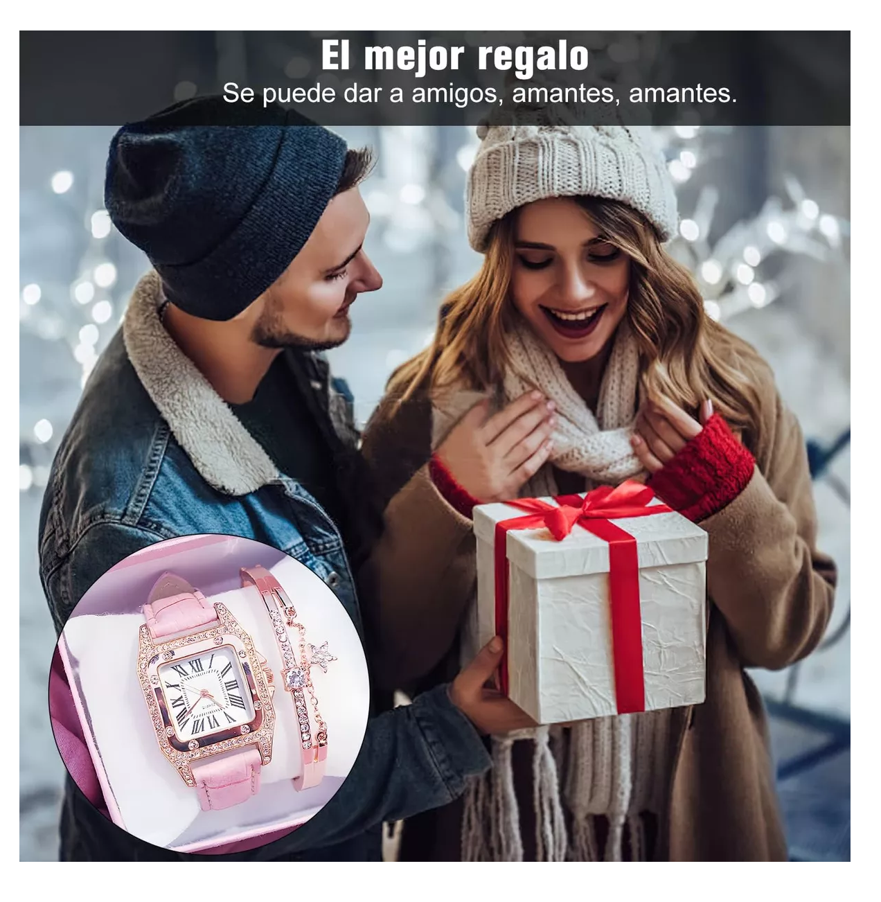 Foto 4 pulgar | Reloj Cuadrado De Cuarzo Para Mujer Con Pulsera De Estrellas Rosa