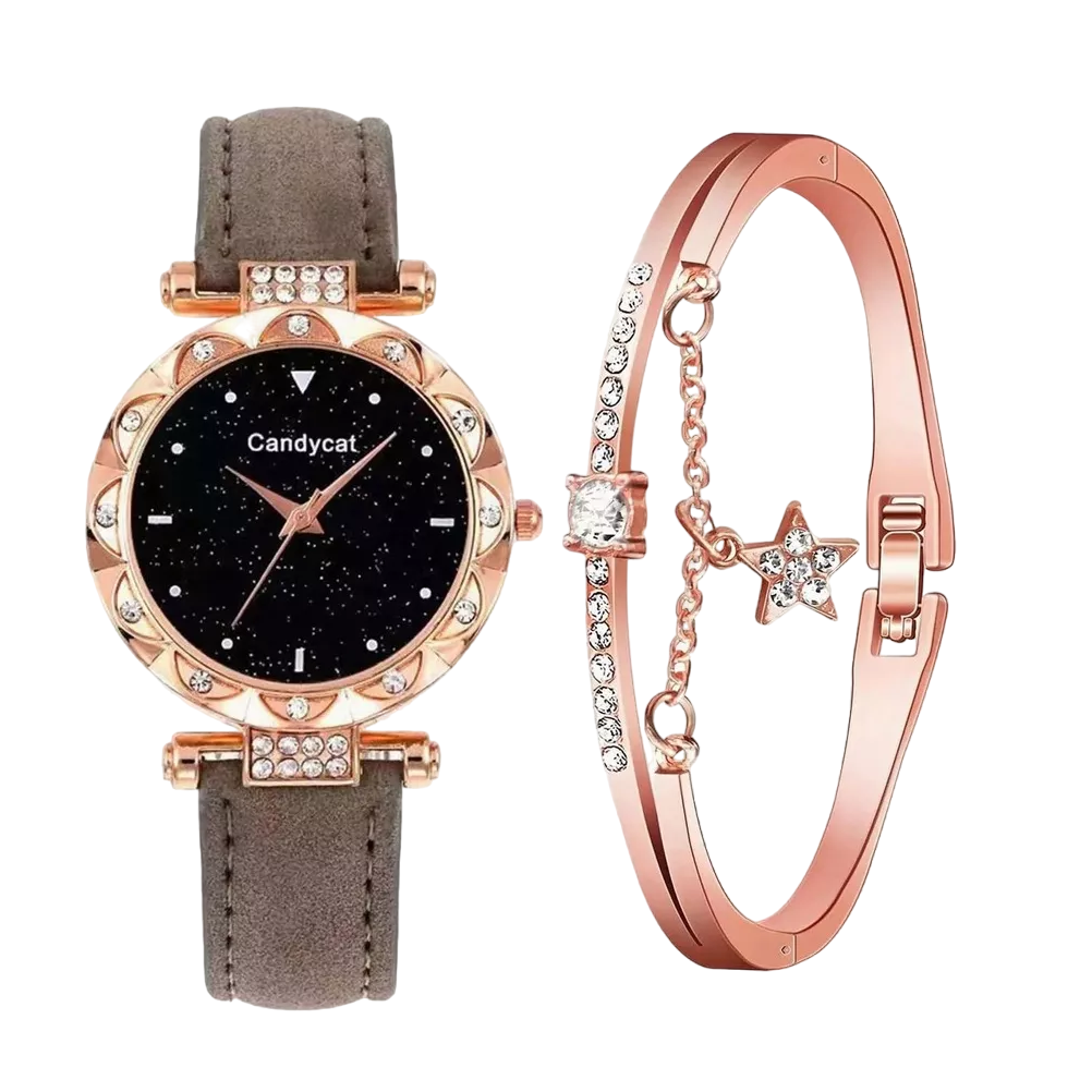 Foto 2 pulgar | Reloj De Pulsera De Cuarzo Para Mujer Con Pulsera Estrellado Reloj Gris Pulcera Oro Rosa