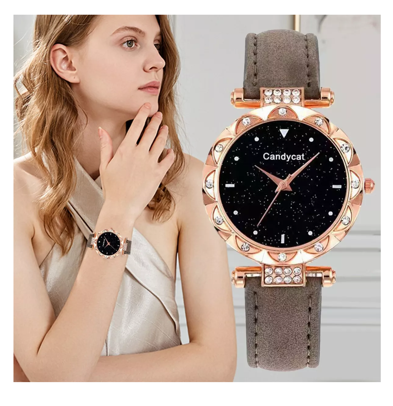 Foto 4 pulgar | Reloj De Pulsera De Cuarzo Para Mujer Con Pulsera Estrellado Reloj Gris Pulcera Oro Rosa