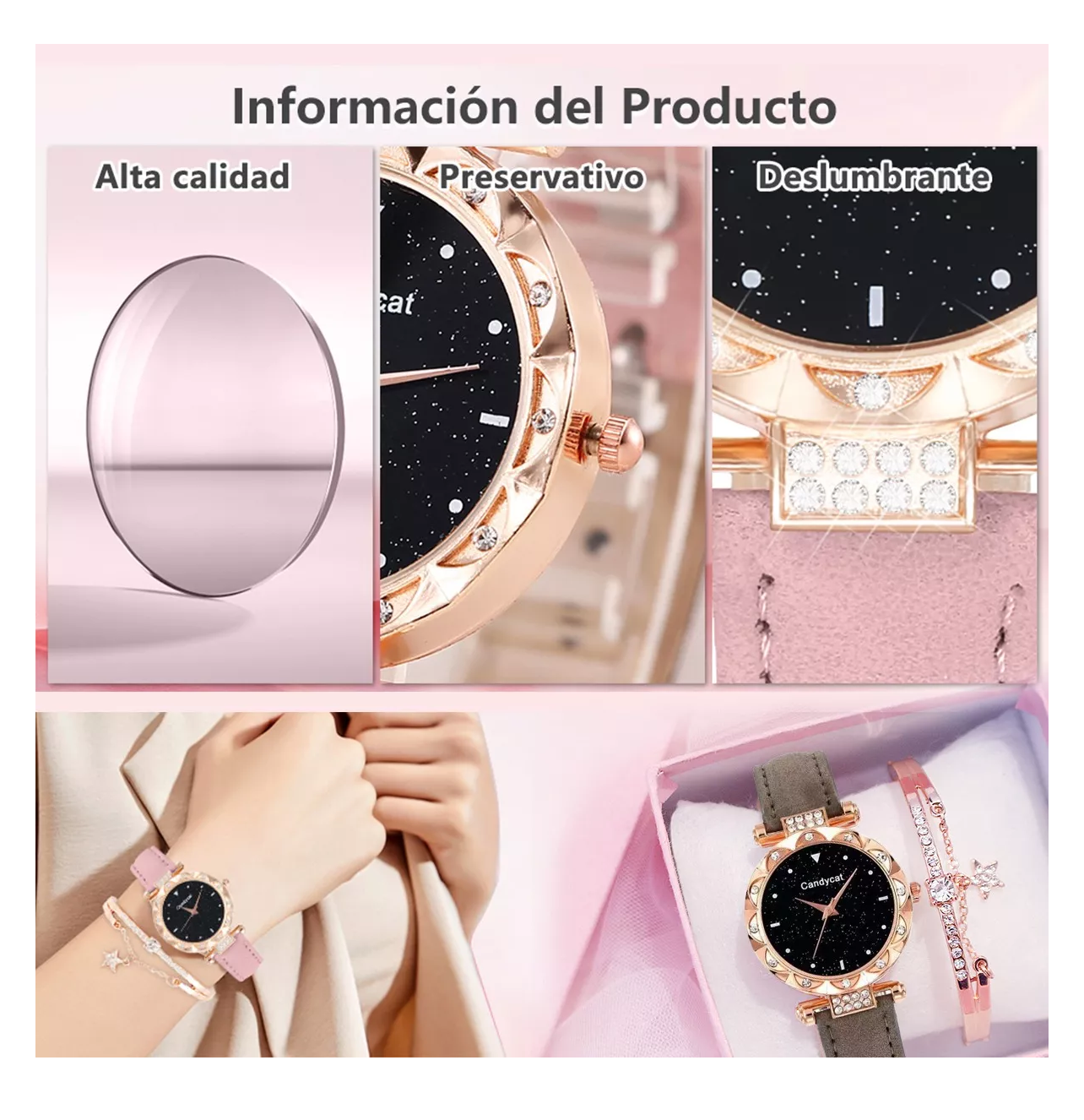 Foto 3 pulgar | Reloj De Pulsera De Cuarzo Para Mujer Con Pulsera Estrellado Reloj Gris Pulcera Oro Rosa