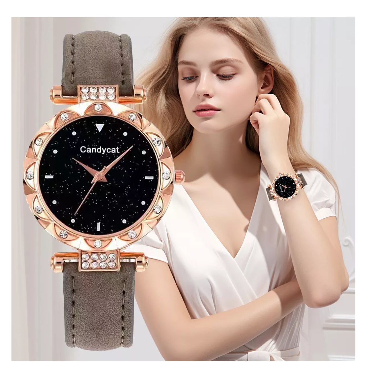 Foto 5 pulgar | Reloj De Pulsera De Cuarzo Para Mujer Con Pulsera Estrellado Reloj Gris Pulcera Oro Rosa