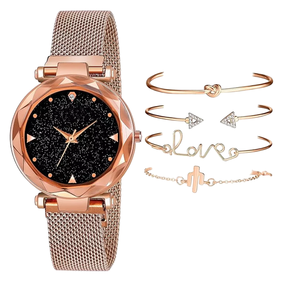 Kit Reloj De Iman Geneva Pulsera Caja De Regalo Clásico 5 Pzs Oro Rosa