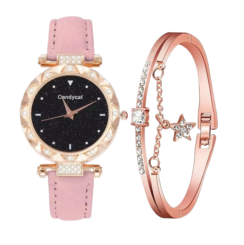 Foto 2 pulgar | Reloj De Pulsera De Cuarzo Para Mujer Con Pulsera Estrellado Reloj Rosa Pulcera Oro Rosa