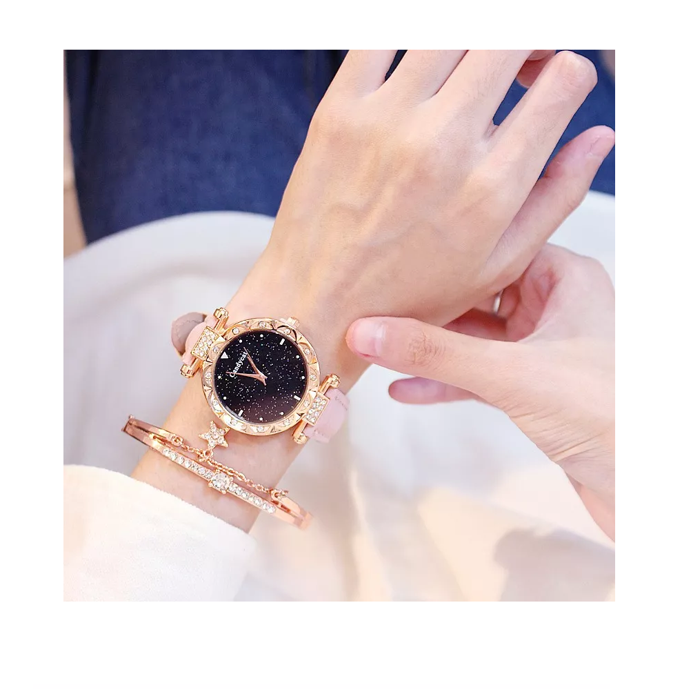 Foto 2 | Reloj De Pulsera De Cuarzo Para Mujer Con Pulsera Estrellado Reloj Rosa Pulcera Oro Rosa